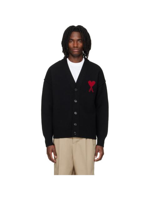 AMI Paris Black Wool Contrasted Ami de Coeur Cardigan