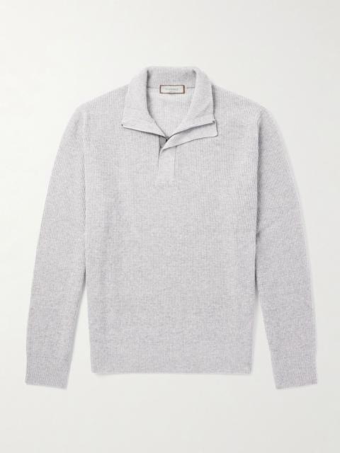 Canali Slim-Fit Suede-Trimmed Ribbed Wool and Cashmere-Blend Half-Zip Sweater Gray