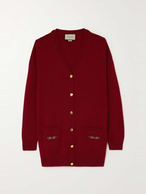 GUCCI Horsebit-detailed leather-trimmed cashmere cardigan
