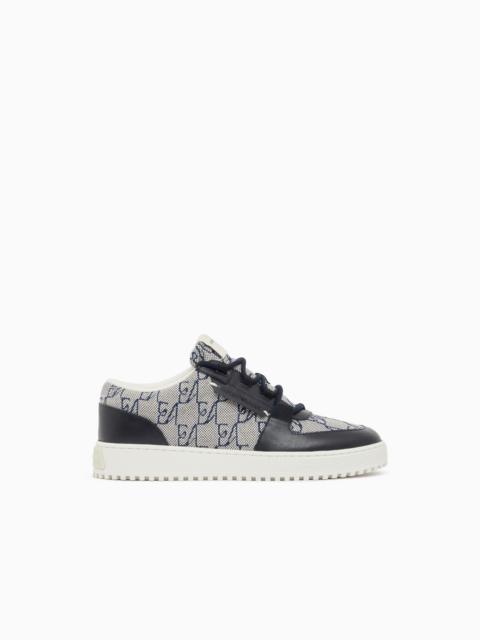 EMPORIO ARMANI SNEAKERS IN CANVAS AND LEATHER WITH AN ALL-OVER LOGO PATTERN