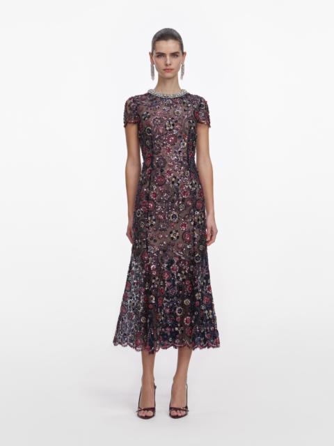 self-portrait Navy Floral Sequin Midi Dress