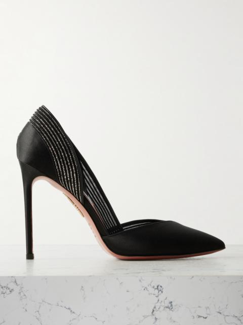 AQUAZZURA Shimmer 105 Crystal-embellished Mesh-trimmed Satin Pumps