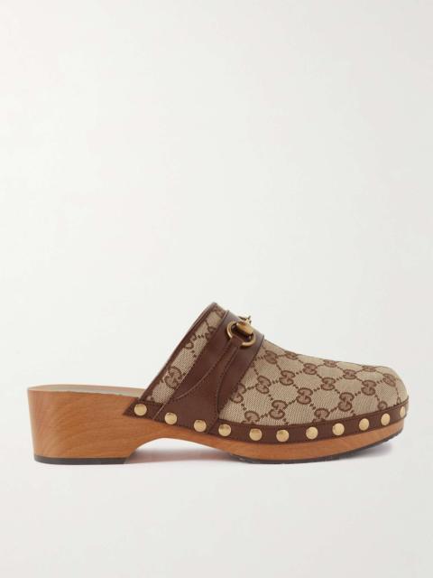 GUCCI Horsebit Leather-Trimmed Monogrammed Canvas Clogs