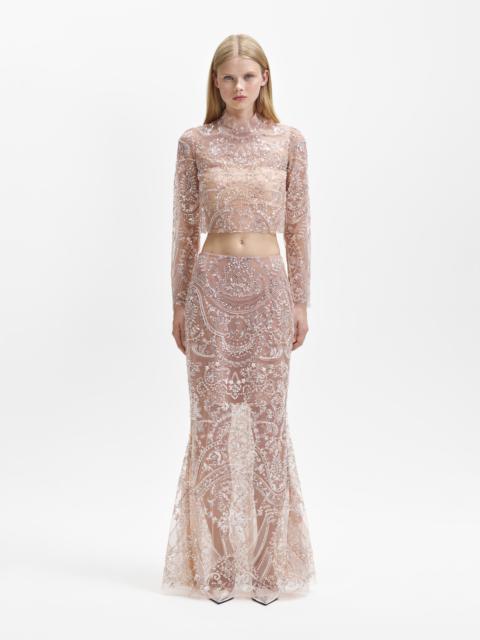 self-portrait Silver Paisley Sequin Maxi Skirt