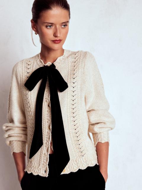 BODEN Velvet Bow Cable Cardigan-Gold Sparkle