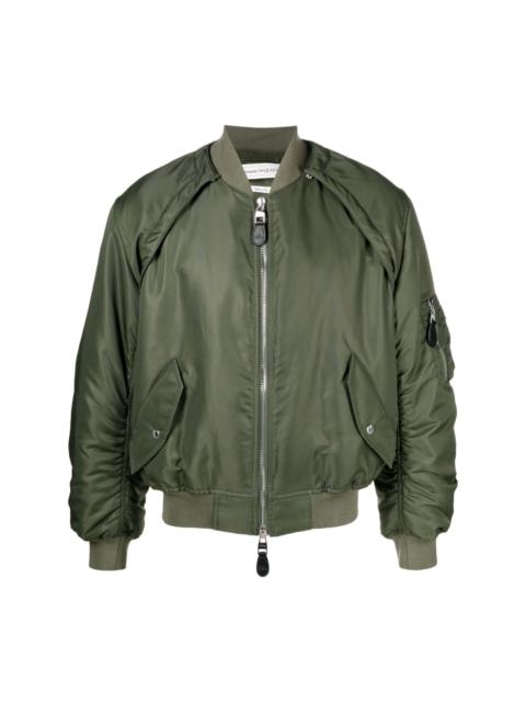 detachable-sleeve ruched bomber jacket