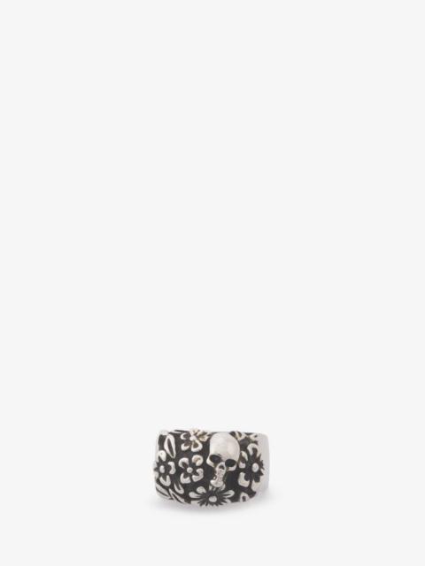 Men's The Floral Skull Ring in Antique Silver