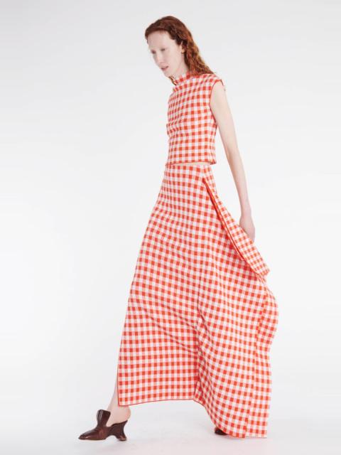 A.W.A.K.E. MODE KNITTED FITTED MAXI SKIRT WITH SIDE PANEL RED WHITE GINGHAM