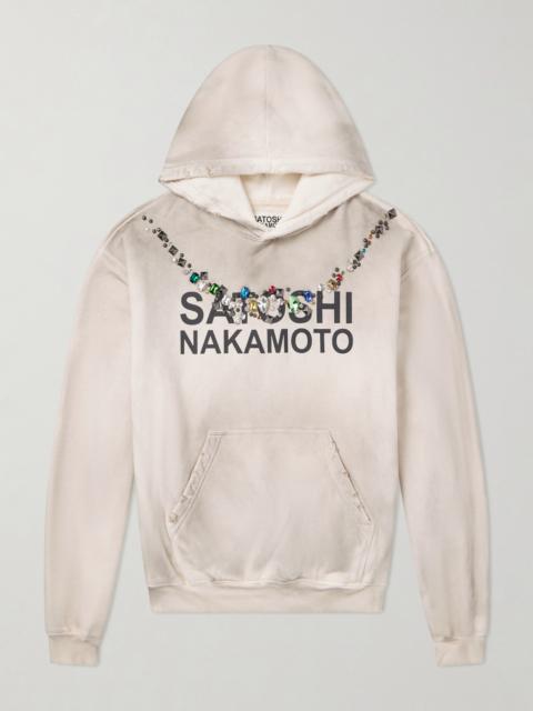 SATOSHI NAKAMOTO Necklace Logo-Print Embellished Distressed Cotton-Jersey Hoodie