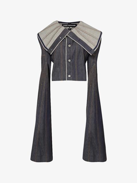 Exaggerated-collar long-sleeved denim top