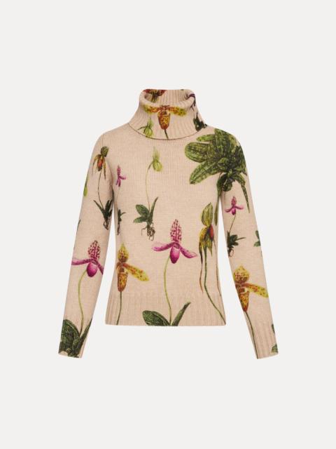 Oscar de la Renta ORCHID PRINTED TURTLENECK PULLOVER