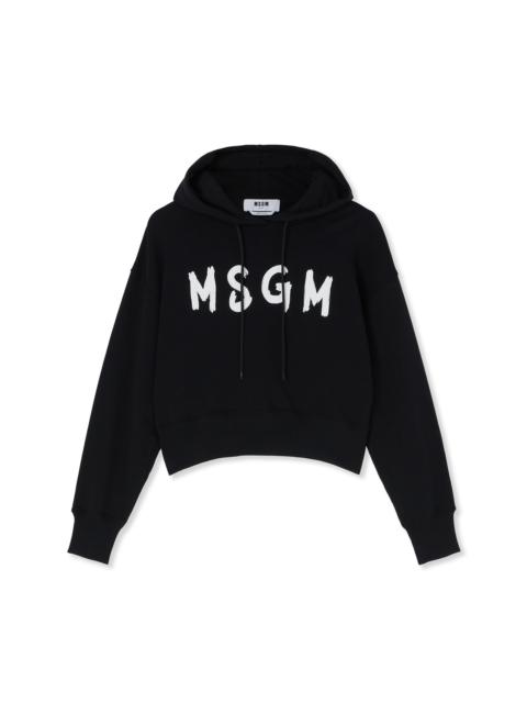 MSGM Crop hooded sweatshirt with brushstroke logo graphic