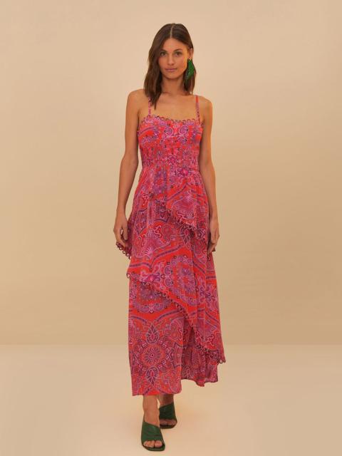 FARM RIO Red Paisley Scarf Loopy Trim Maxi Dress