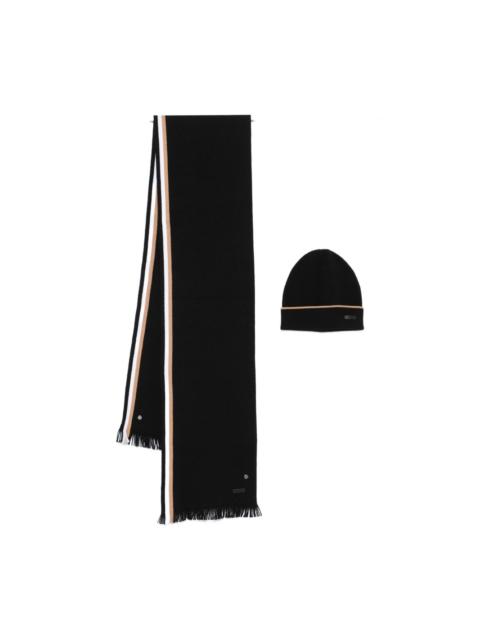 BOSS striped fringed scarf beanie set