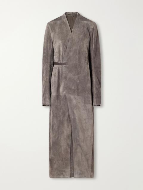 Rick Owens Belted paneled suede wrap coat Stone