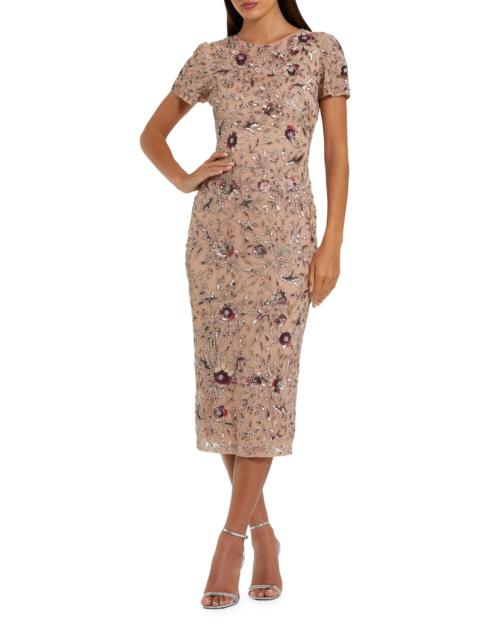 MAC DUGGAL Women's Sequin-Embellished Mesh Midi-Dress - Mocha