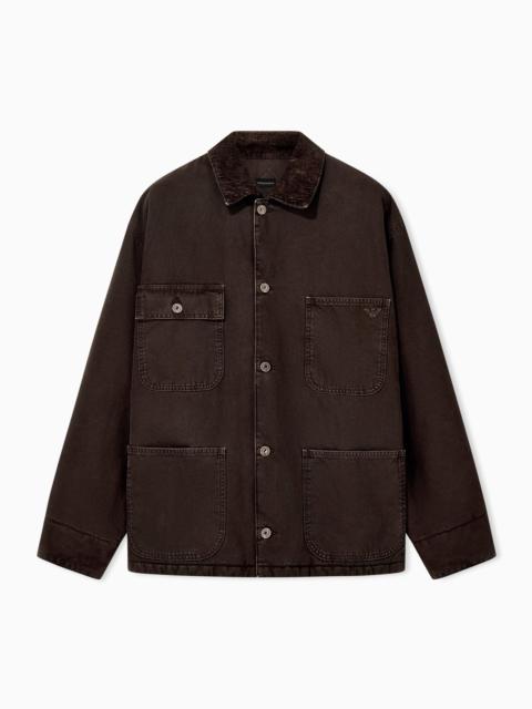 EMPORIO ARMANI COTTON CABAN COAT WITH A CORDUROY COLLAR AND PATCH POCKETS