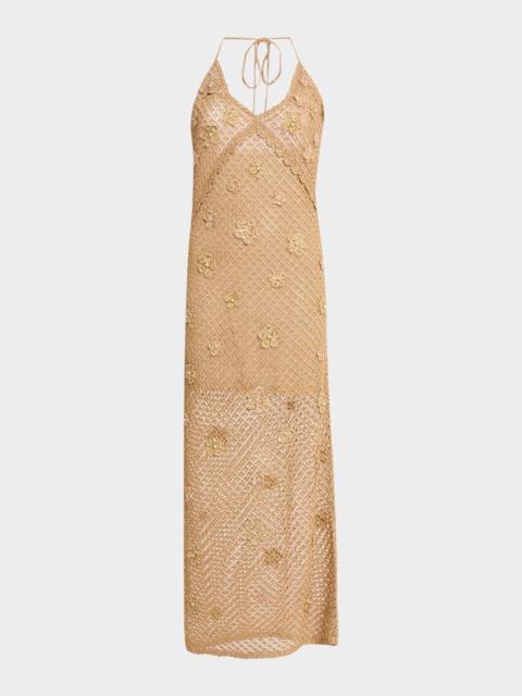 LoveShackFancy Vreya Metallic Crochet Halter Dress