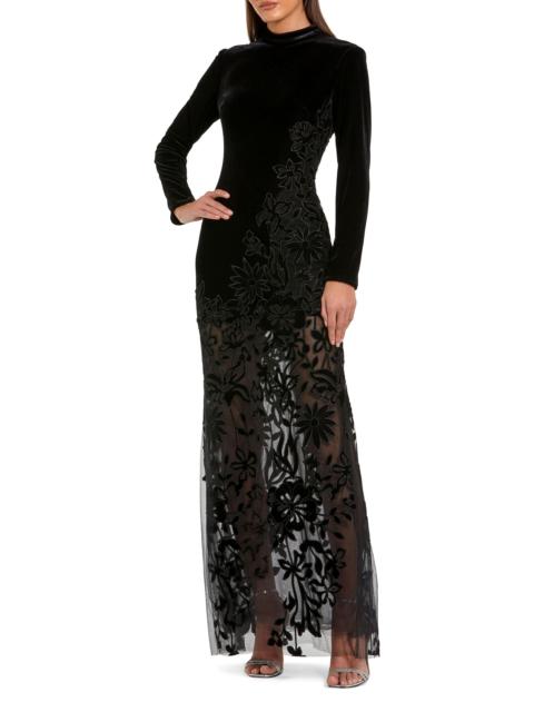 MAC DUGGAL Women's Floral Mixed-Media Long-Sleeve Gown - Black