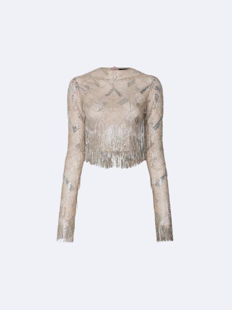 LAPOINTE Geometric Crystal Fringe Cropped Top