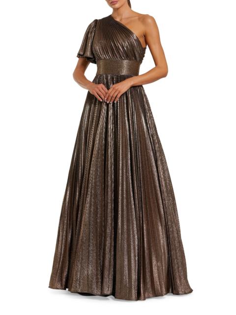MAC DUGGAL Women's One-Shoulder Pleated Metallic A-Line Ball Gown - Bronze