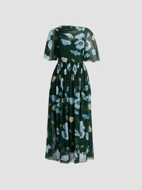 Erdem FLORAL SILK VOILE SHORT SLEEVE MIDI DRESS
