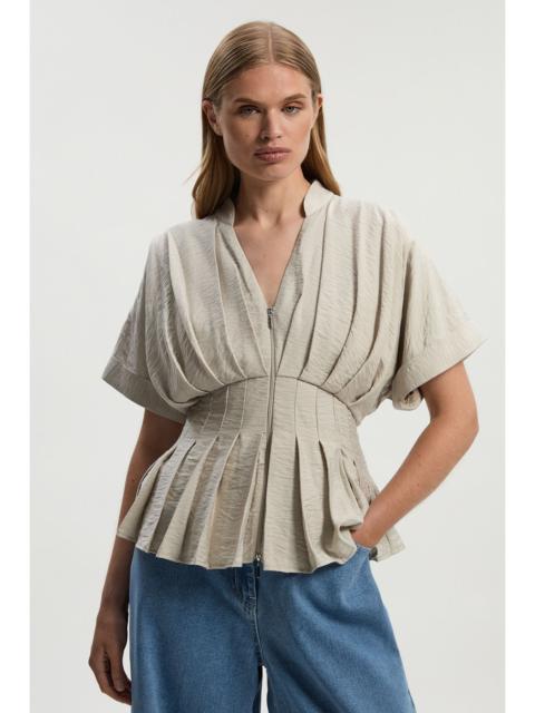 KAREN MILLEN Pleated Neck Tie Detail Woven Short Sleeve Shirt