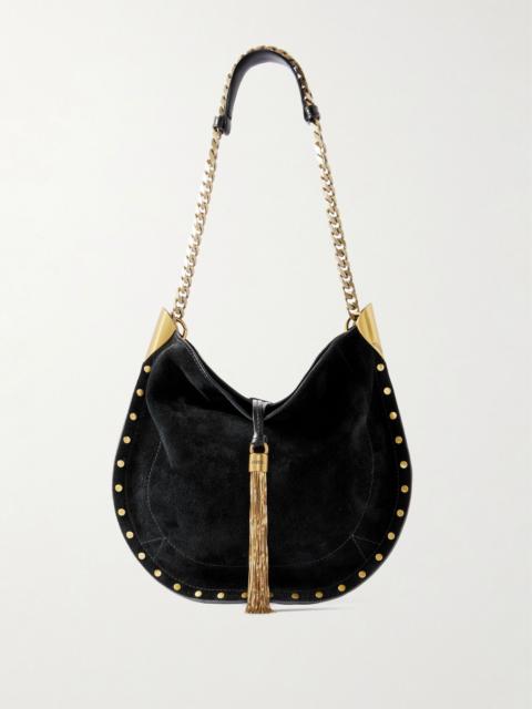 Isabel Marant Oskan leather-trimmed tasseled studded suede shoulder bag Black