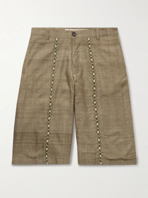KARTIK RESEARCH Straight-Leg Embellished Slub Silk-Voile Shorts Army green
