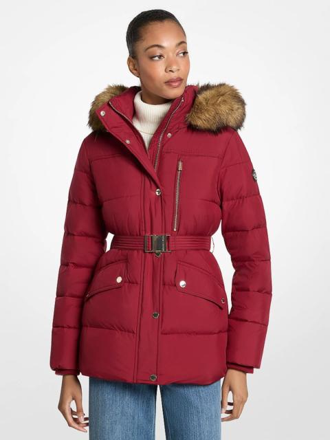 MICHAEL KORS Faux Fur Trim Belted Puffer Jacket