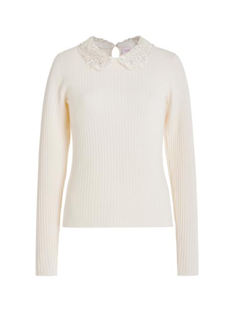 CAROLINA HERRERA Embroidered-Collar Knit Wool Top white