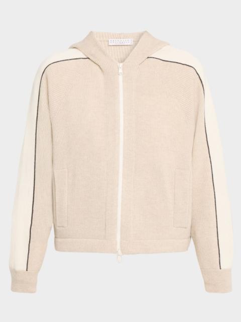 Brunello Cucinelli Monili-Trim Cashmere Rib Zip Sport Hoodie