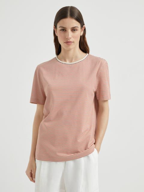 Striped cotton jersey T-shirt with shiny neck detail