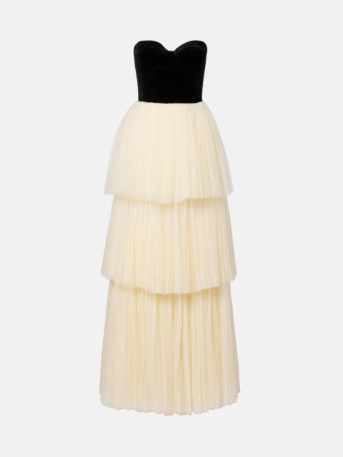 COSTARELLOS Plissé velvet-trimmed tulle gown