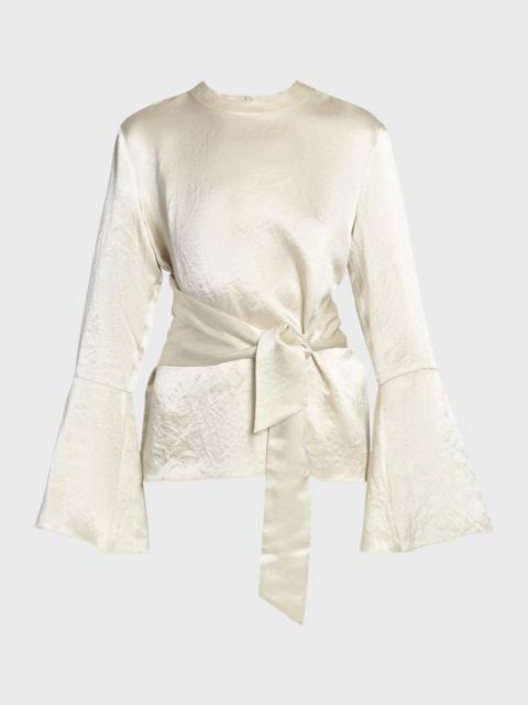 Ilone Belted Long-Sleeve Satin Top