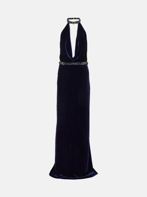 COSTARELLOS Crystal-embellished velvet gown