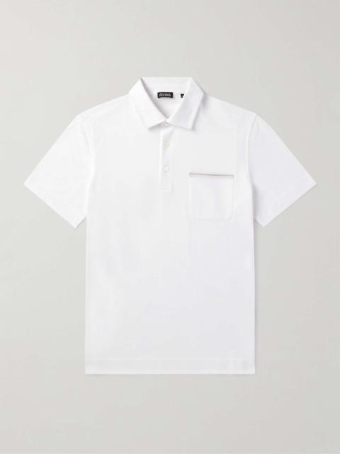 ZEGNA Leather-Trimmed Cotton-Piqué Polo Shirt