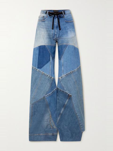 TOM FORD Leather-trimmed distressed patchwork high-rise wide-leg jeans