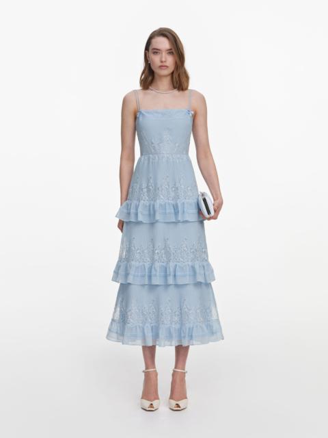 self-portrait Blue Chiffon Lace Tiered Midi Dress