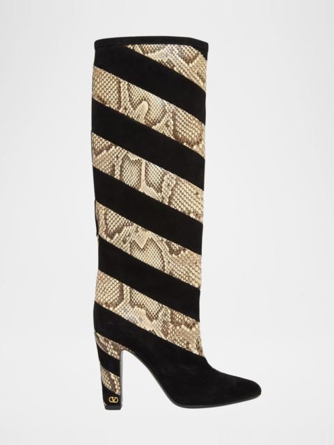 Valentino 100mm Rayons Snake-Printed Leather and Suede Knee-High Boots