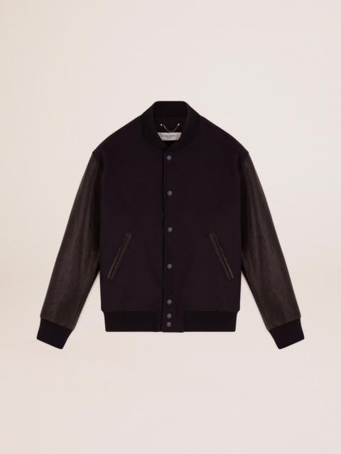 Golden Goose Men's bomber jacket in dark blue wool with leather sleeves