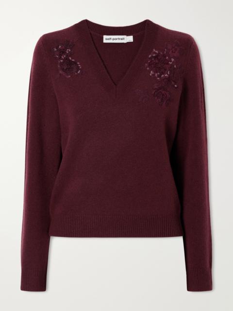 self-portrait Floral-embellished Wool-blend Cardigan