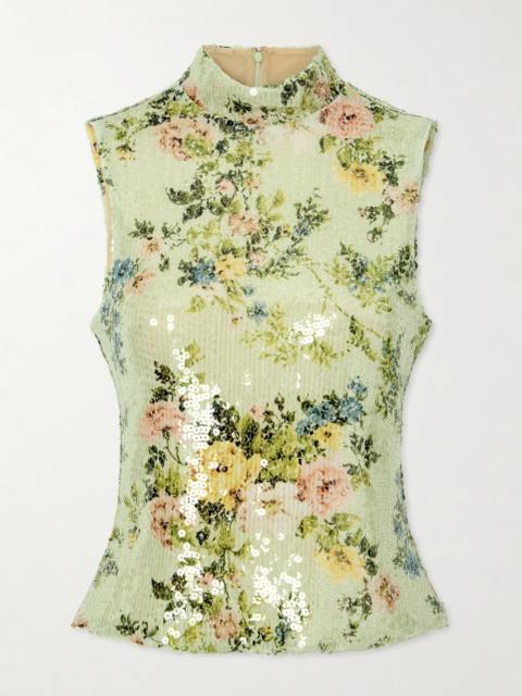 BRANDON MAXWELL Piper Sequined Floral-print Mesh Turtleneck Top