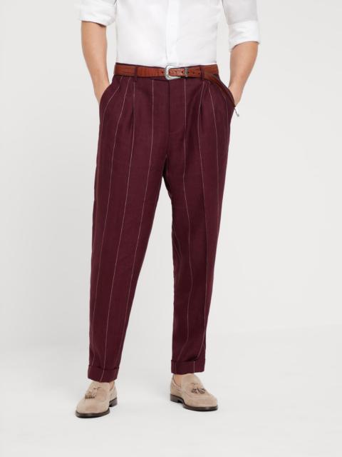 Brunello Cucinelli Linen wide chalk stripe easy fit trousers with double pleats and waist tabs