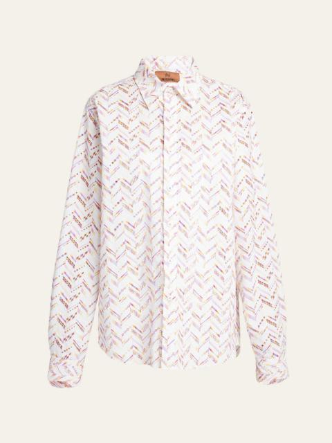 Chevron Broderie Anglaise Long-Sleeve Collared Shirt