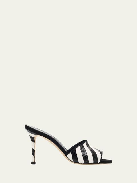 Manolo Blahnik 90mm Larache Striped Embossed Leather Mule Sandals