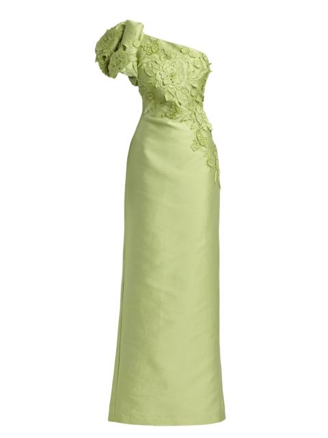 BADGLEY MISCHKA Women's Floral Appliqué One-Shoulder Gown - Lime