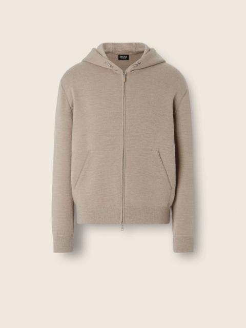 ZEGNA LIGHT TAUPE MÉLANGE CASHMERE AND COTTON FULL ZIP HOODIE