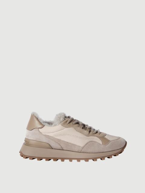 Brunello Cucinelli Suede and techno cotton runners with shearling lining and monili