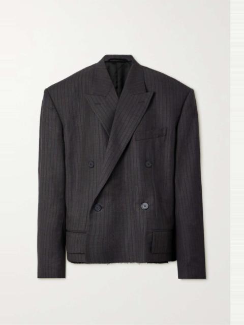 Oversized double-breasted distressed pinstriped wool blazer